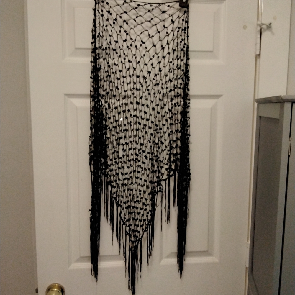 Black Sequin Fringe Net Shawl Scarf